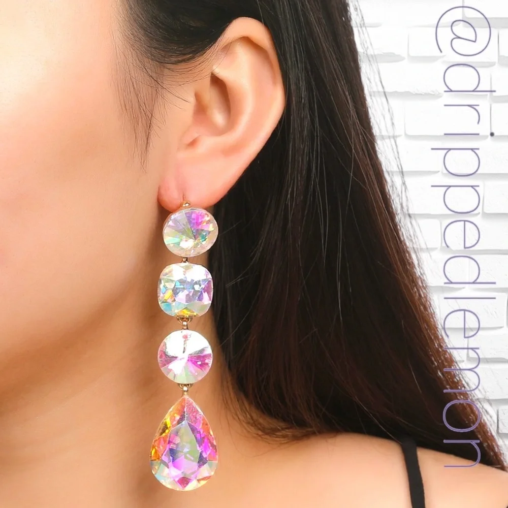 🆕 Glamorous Multicolor Waterdrop Earrings Womens Beauty Pageant Ball Brand New - Picture 2 of 5